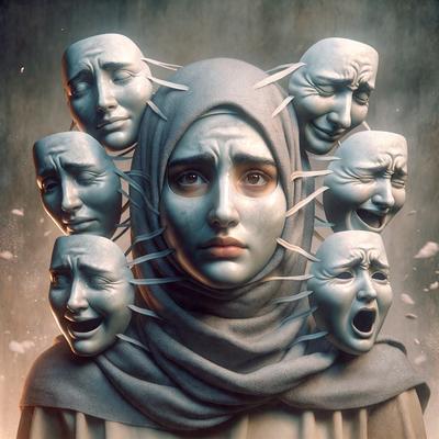 The primary subject of the image is a woman with a headscarf, wearing a grey dress. She is surrounded by a group of faces, which are likely masks or sculptures. The setting appears to be a dark room, with the woman being the main focus of the scene. The visual style of the image is digital art, as it is a detailed and intricate representation of the woman and the masks. The colors and mood of the image are dark and mysterious, with the woman and the masks creating a sense